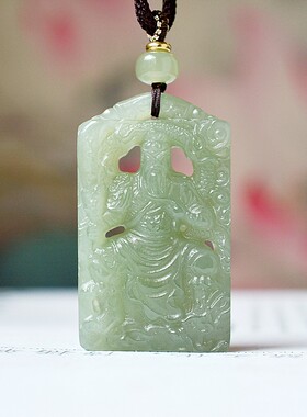 罕见和田玉青海料高冰湖水青玉质干净油润镂空雕刻《关公》15618#