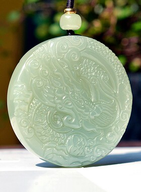 和田玉青海老坑镯心高冰晴水细腻油润无结构双面工龙凤吊坠C15443