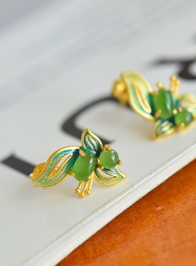 罕见啦s925银镶和田玉碧玉果绿色古法镶嵌蝴蝶百搭耳钉12242-6