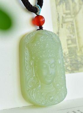收藏级和田玉青海青黄口高冰高油玉质干净精雕细琢观音牌子15067