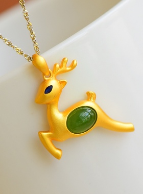 卡通设计s925银镶和田玉碧菠菜绿玉小鹿吊坠配送银链子10554-6