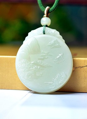 火爆和田玉青海钢板料高冰晴水色细腻油润无结构山水平安扣D15181