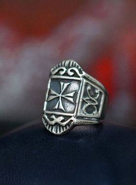 中古欧洲早期手工925纯银戒指复古个性浮雕十字巴洛克风格 送朋友