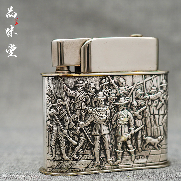 绝版1943年德国ELDRO赫尔曼古董台式打火机纯银手工浮雕夜巡收藏