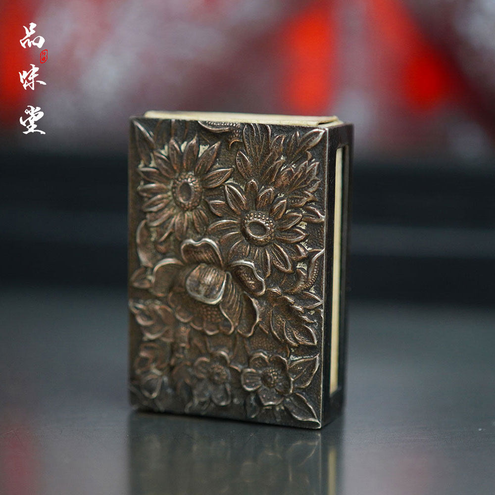 1900年美国手工浮雕花卉Sterling纯银标老式古董火柴盒收藏级便携