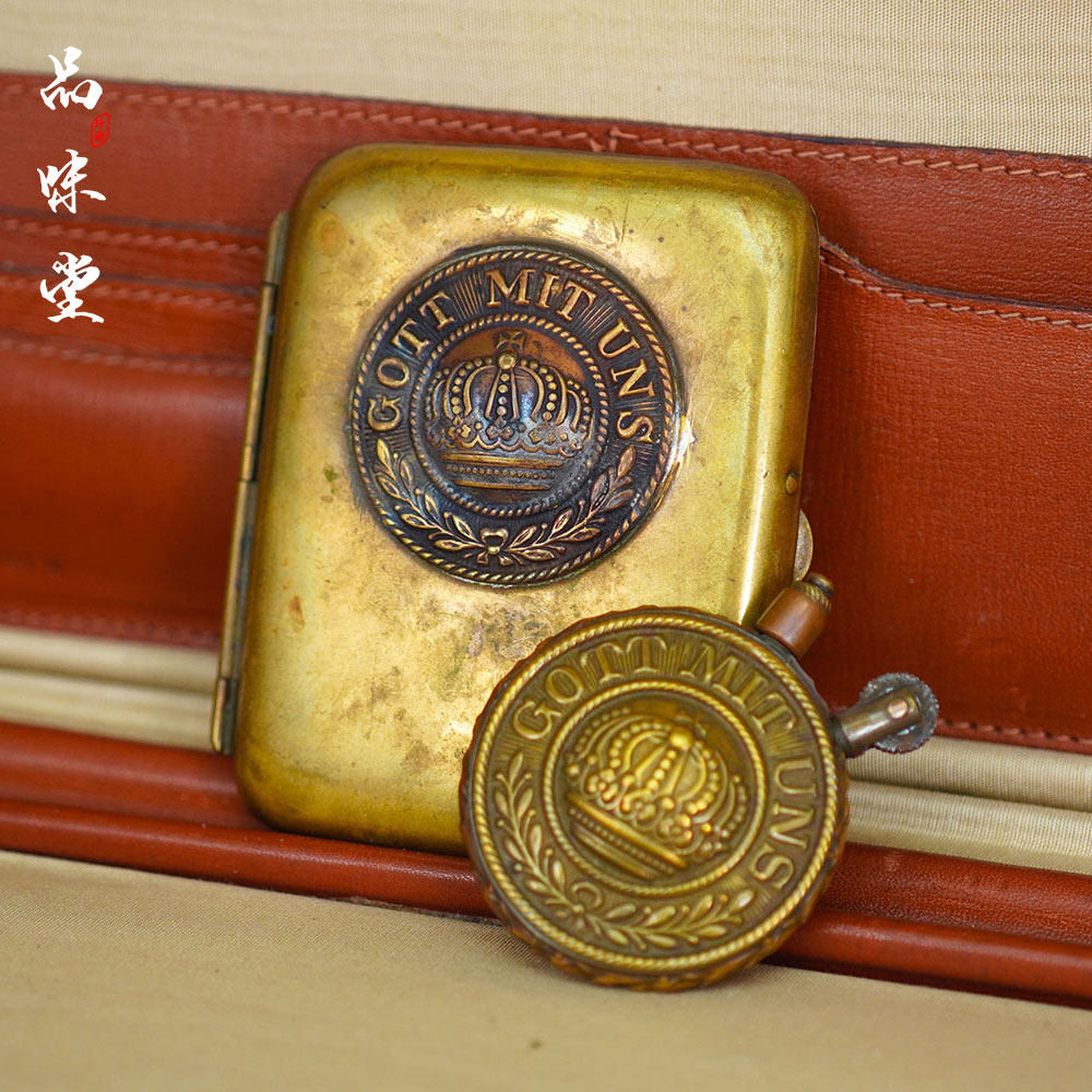 一战德国纯铜浮雕战壕机圆饼煤油古董打火机烟盒同款组合套装收藏