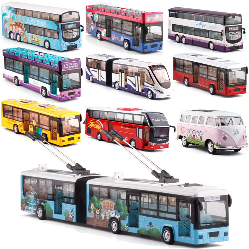 彩珀金屬仿真大眾T1巴士校巴大巴中巴公交雙節電車小汽車模型玩具