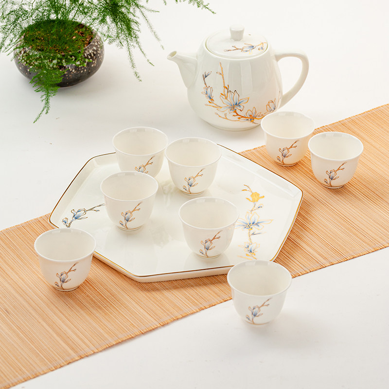 金岚玉唐山骨瓷金玉兰花茶壶茶杯子客厅水杯中式茶具陶瓷家用水杯