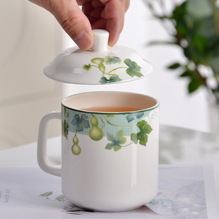 金岚玉五福临门骨瓷将军杯瓷盖杯创意通用大号家用杯子骨瓷马克杯