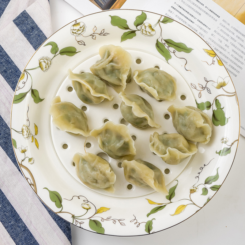 金岚玉唐山骨瓷10英寸圆形沥水盘家用骨瓷双层饺子盘菜盘深汤盘