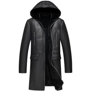 连帽冬大衣男装皮毛一体男士加厚外套真皮衣男款绵羊皮草羊毛大衣
