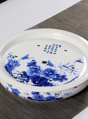 家用12寸青花瓷圆形茶盘大号陶瓷双层储水功夫茶台茶洗个性托盘