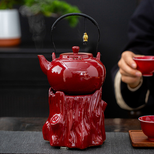 功夫煮茶赭红提梁壶枯木酒精植物油煮茶炉日式粗陶手工养生泡茶壶