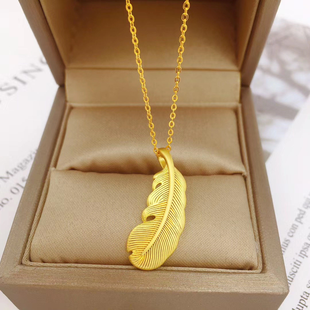 时尚仿真越南沙金项链女 24K镀金羽毛吊坠细项链假黄金首饰不掉色