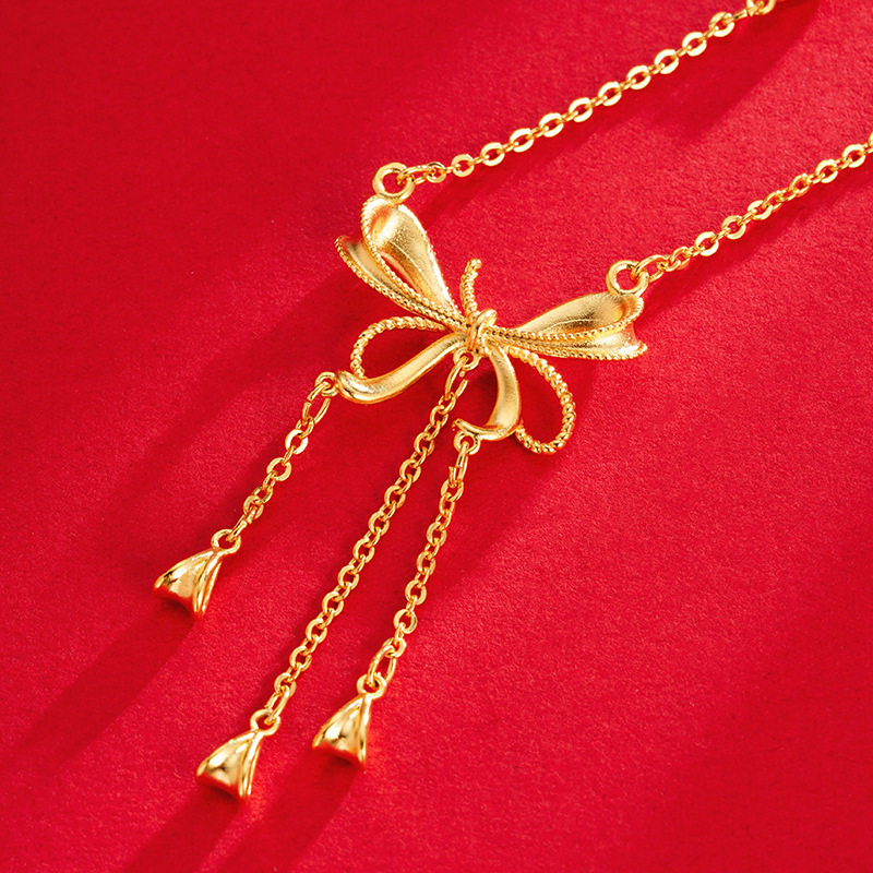 仿黄金结婚新娘首饰连体新中式镀沙金蝴蝶结流苏婚庆项链女久不掉