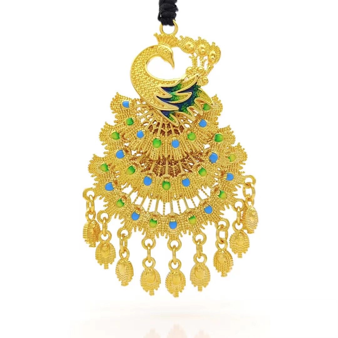 沙金古法烤蓝孔雀开屏大吊坠女婚庆秀禾镀金假黄金孔雀项链毛衣链