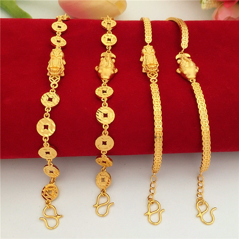 镀沙金铜钱貔貅手链男女钱币纹幸运福气黄金色仿黄金饰品久不掉色