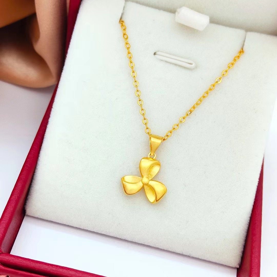 仿真越南沙金项链女镀金色三叶蝴蝶结吊坠项链细锁骨链仿黄金首饰