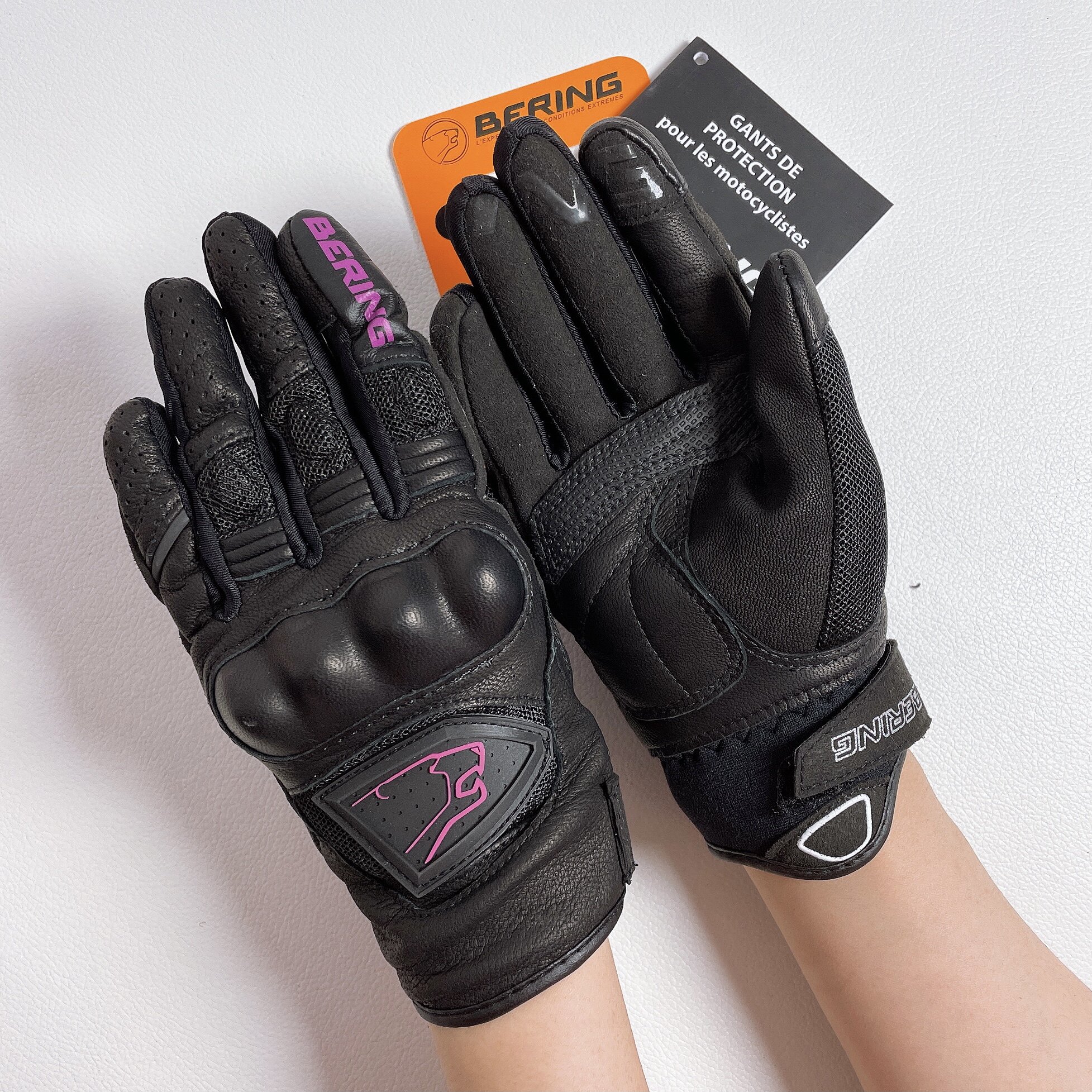 法国 女款摩托车手套春夏赛车骑行手套 真皮 防护 透气手机触屏