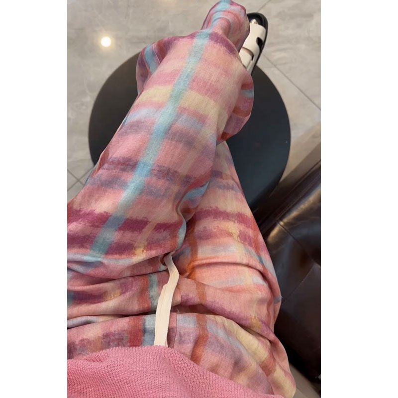 夏季慵懒彩色格子阔腿九分裤女