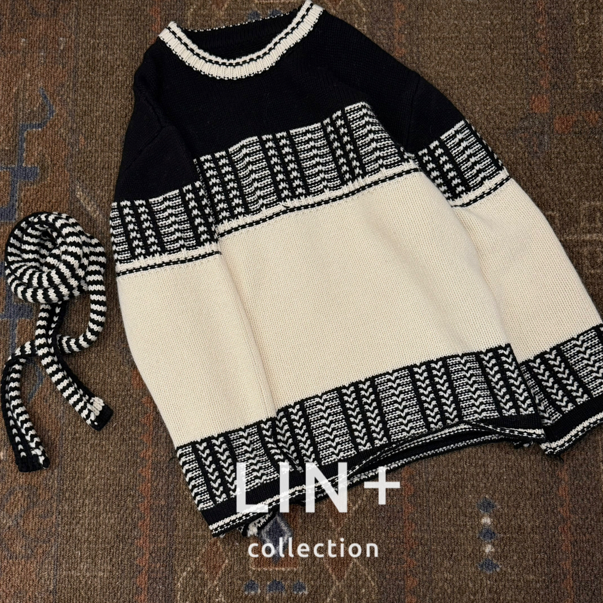 Cecil费尔岛慵懒拼色宽松气质保暖毛衣(配围巾)