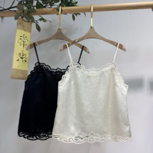 可可-醋酸面料拼接100桑蚕丝欧根纱定位绣花吊带背心YS269-G401