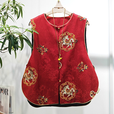 可可-亚麻暗纹提花重工刺绣+招财进宝金铜扣中式马甲YS64-G449