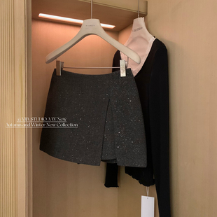 5816 Cecil长腿好搭子bling特殊微片毛呢高腰a字短款 裙裤