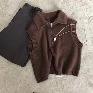 YS1 Cecil纯色羊毛百搭高领半拉链针织马甲 含100羊毛