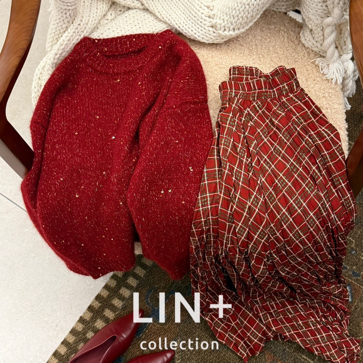 Cecil复古格纹圣诞过年大摆显瘦撞色半身裙988