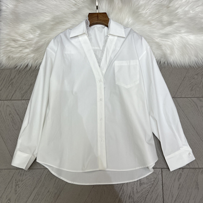 可可-式气质蕾丝V领薄款长袖白色女春季宽松上衣衬衫A9665