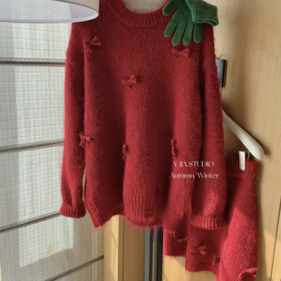 1291 Cecil懒宽松加厚蝴蝶结套头毛衣 高腰a字半身裙套装