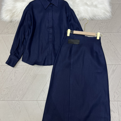 可可-纯亚麻套装知识分子落肩衬衫+设计感半身裙套装A9730