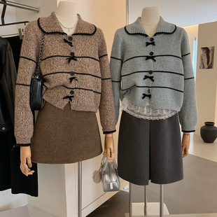 Cecil围感肌理感娃娃领高级感撞色条纹开衫 保暖毛衣1309