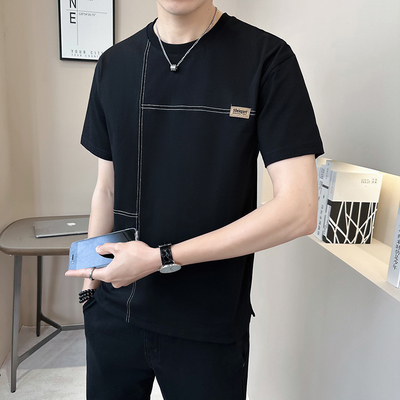 短袖男款夏季潮牌圆领2025新款拼接高级感男士冰丝半袖t恤上衣服