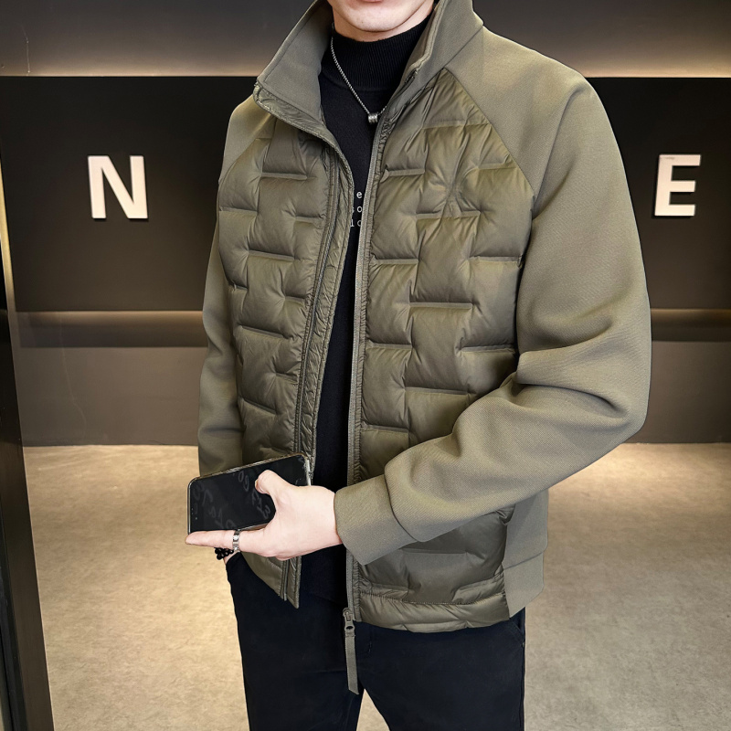 秋冬季新款男装时尚潮流休闲轻薄舒适针织袖立领白鸭绒羽绒服夹克