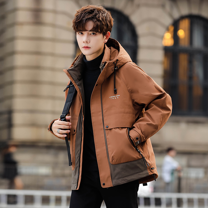 连帽羽绒服男士冬季轻薄款2025新款拼接工装潮牌短款外套品牌男装