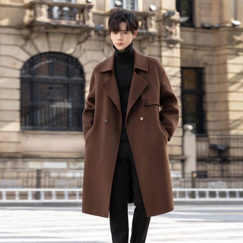 双面羊绒毛呢子大衣男士中长款双排扣加厚韩版过膝高级感风衣外套