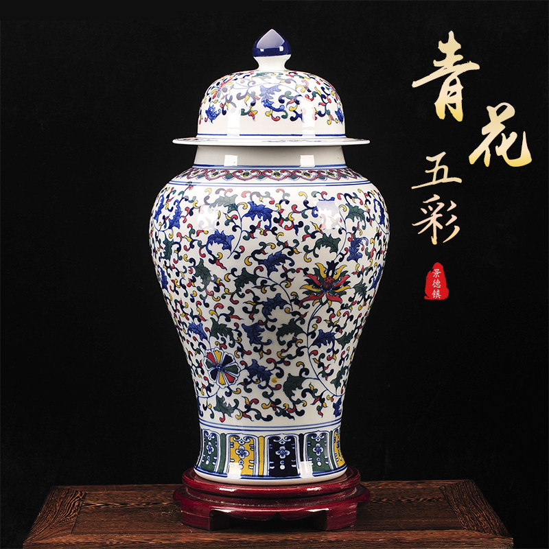 景德镇手绘五彩将军罐客厅摆件图片
