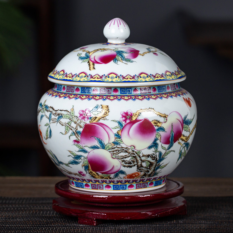 景德镇陶瓷寿桃茶叶罐储物罐中式带盖家用密封罐客厅装饰品复古