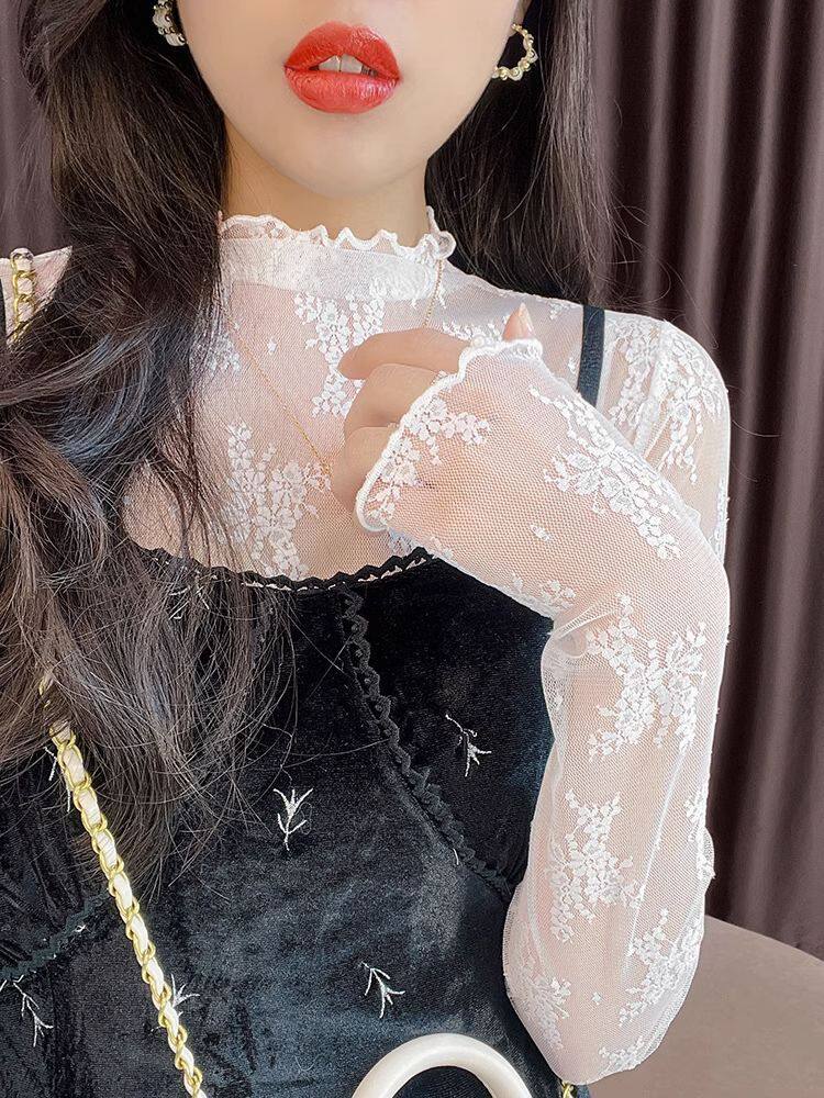 春夏蕾丝打底衫女吊带裙内搭纱衣木耳边小衫透明性感防晒网纱上衣