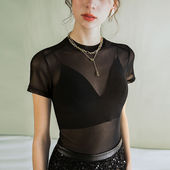 欧洲站修身 黑色气质短袖 女装 新款 显瘦网纱性感上衣 T恤女2024夏季
