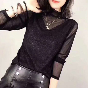 秋冬立领洋气打底衫女长袖内搭修身纱网t恤上衣镂空蕾丝衫高领
