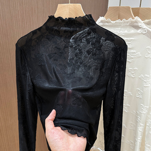女秋冬2025新款 半高领加绒蕾丝内搭小衫 木耳边洋气白色网纱