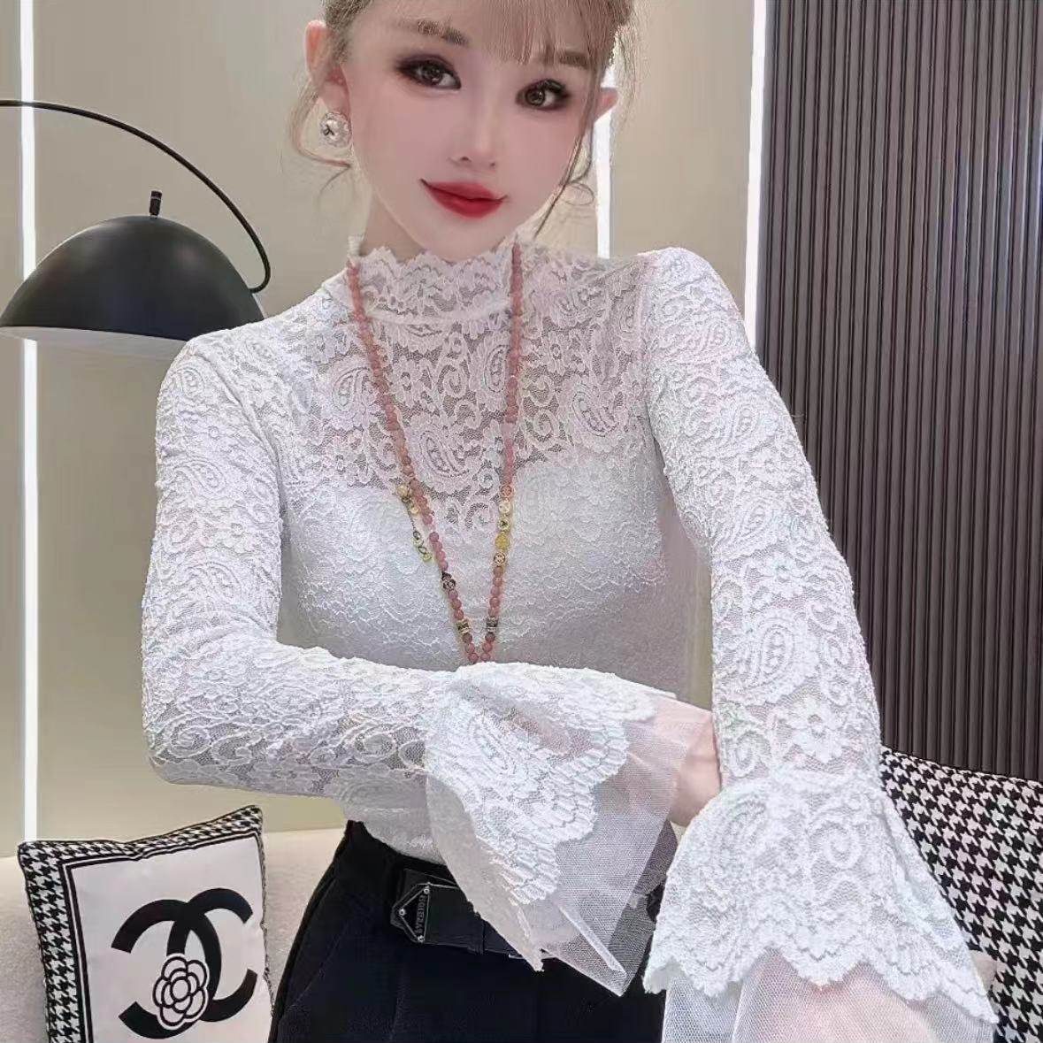 2024秋季蕾丝打底衫新款网纱荷叶边半高领内搭喇叭袖修身百搭,女装/女士精品,蕾丝衫/雪纺衫,淘宝优惠券,粉丝福利购,淘宝优惠卷