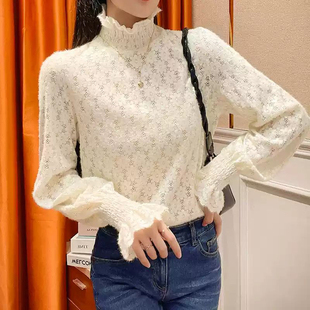 植绒/加绒加厚半高领磨毛蕾丝打底衫女长袖韩版宽松显瘦上衣