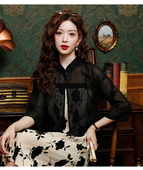 国风雪纺衫 薄款 女夏季 宽松立领七分袖 上衣 复古披肩防晒开衫 新中式