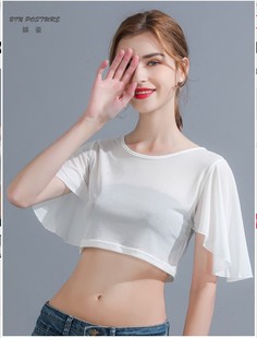 2023春夏仙女超薄透视网纱T恤 上衣新女装 圆领半截蝙飞飞短袖 罩衫