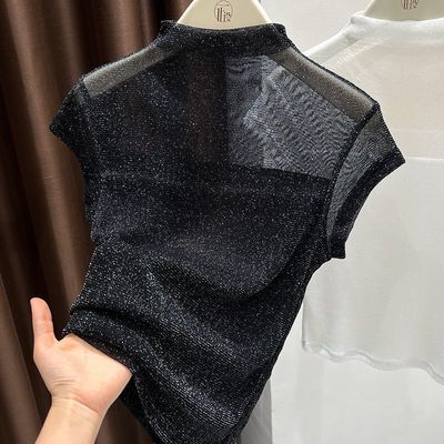 黑色半高领短袖t恤薄款新款夏季网纱打底衫女修身性感高级感上衣