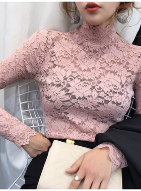 2025秋冬新款高领蕾丝网纱打底衫女黑色精致内搭小衫洋气性感上衣